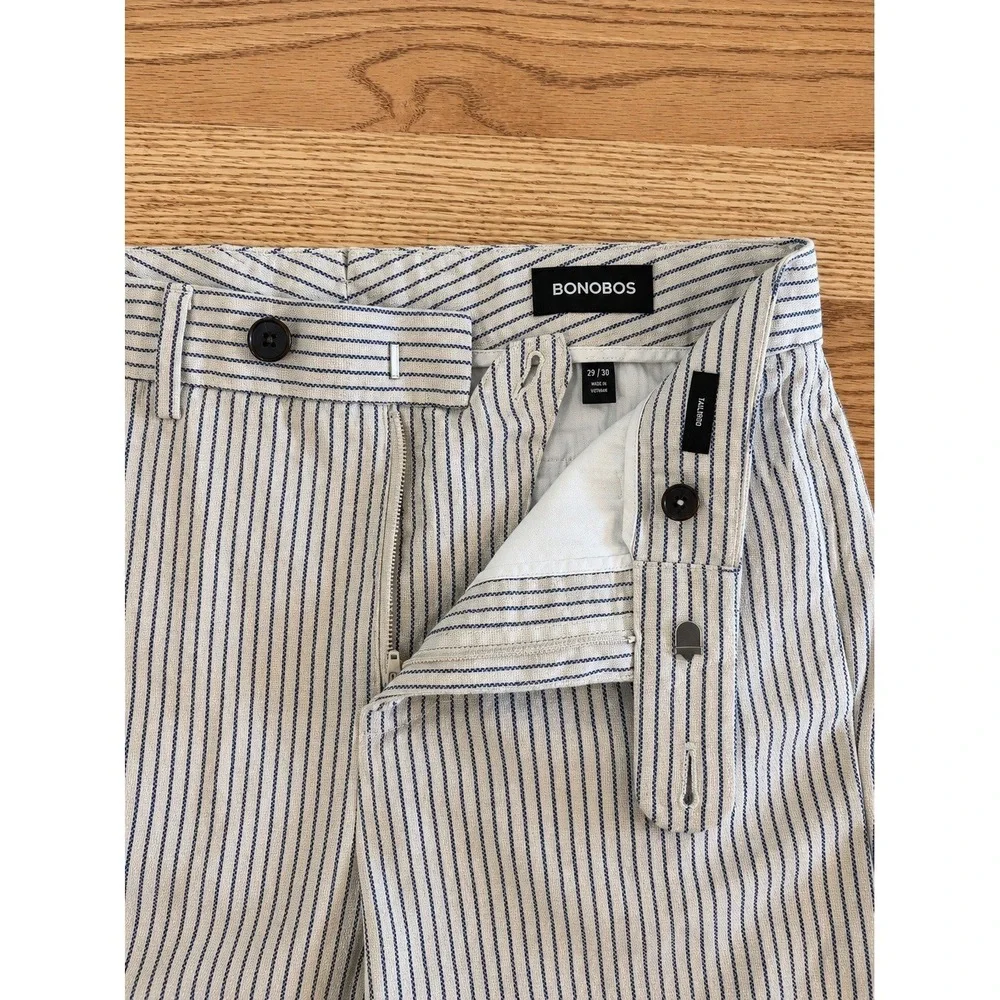 Bonobos Tailored Trousers 29x30 Ivory Navy Stripe Italian Fabric Slim Summer